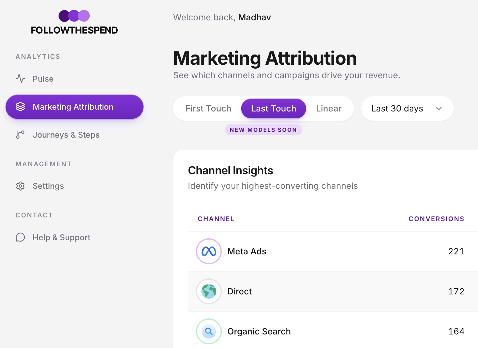 Attribution model selector, the same revenue rearranged across First-touch, Last-touch and Linear models.