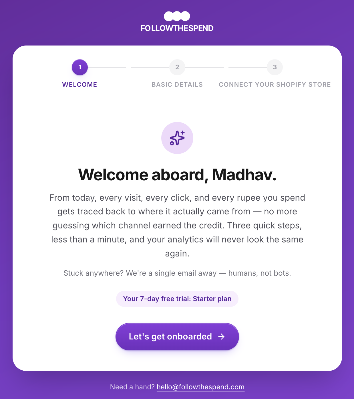 FTS onboarding, Welcome step with the 3-step progress bar and a 14-day free-trial badge