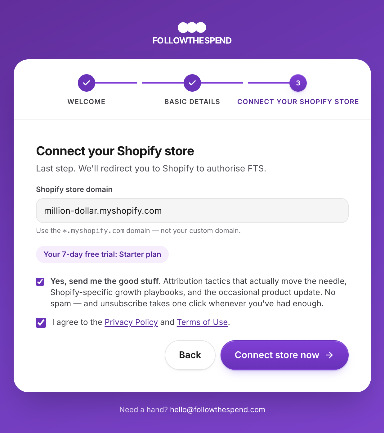 FTS onboarding, Connect your Shopify store step with the store-domain field and consent checkboxes
