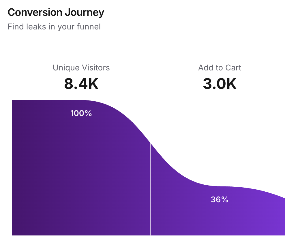 Conversion journey funnel: Page Views → Add to Cart → Checkout → Purchase with drop-off rates at each stage.