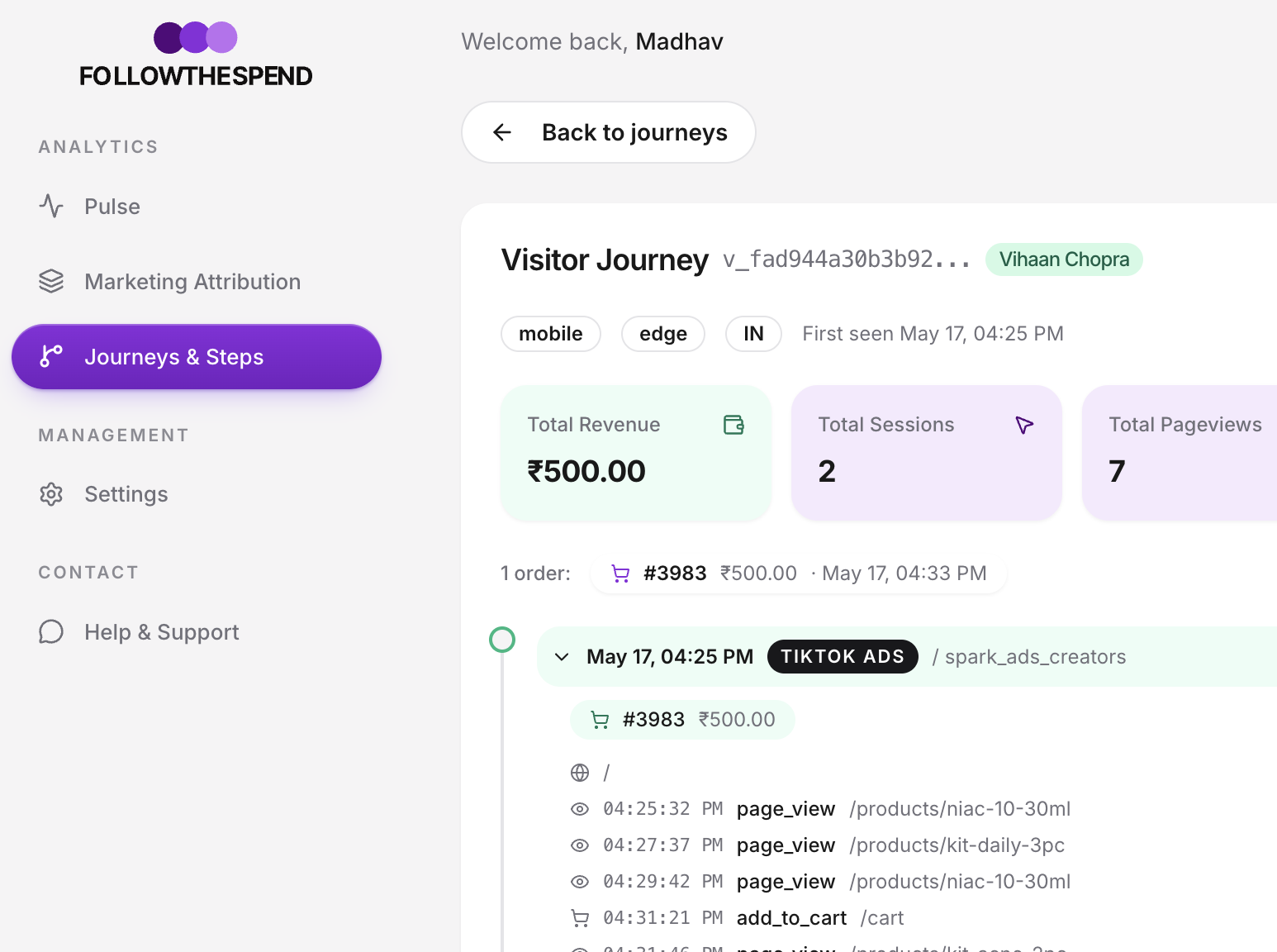 Visitor timeline, a single buyer's sessions and touchpoints in the order they happened, ending in a purchase.